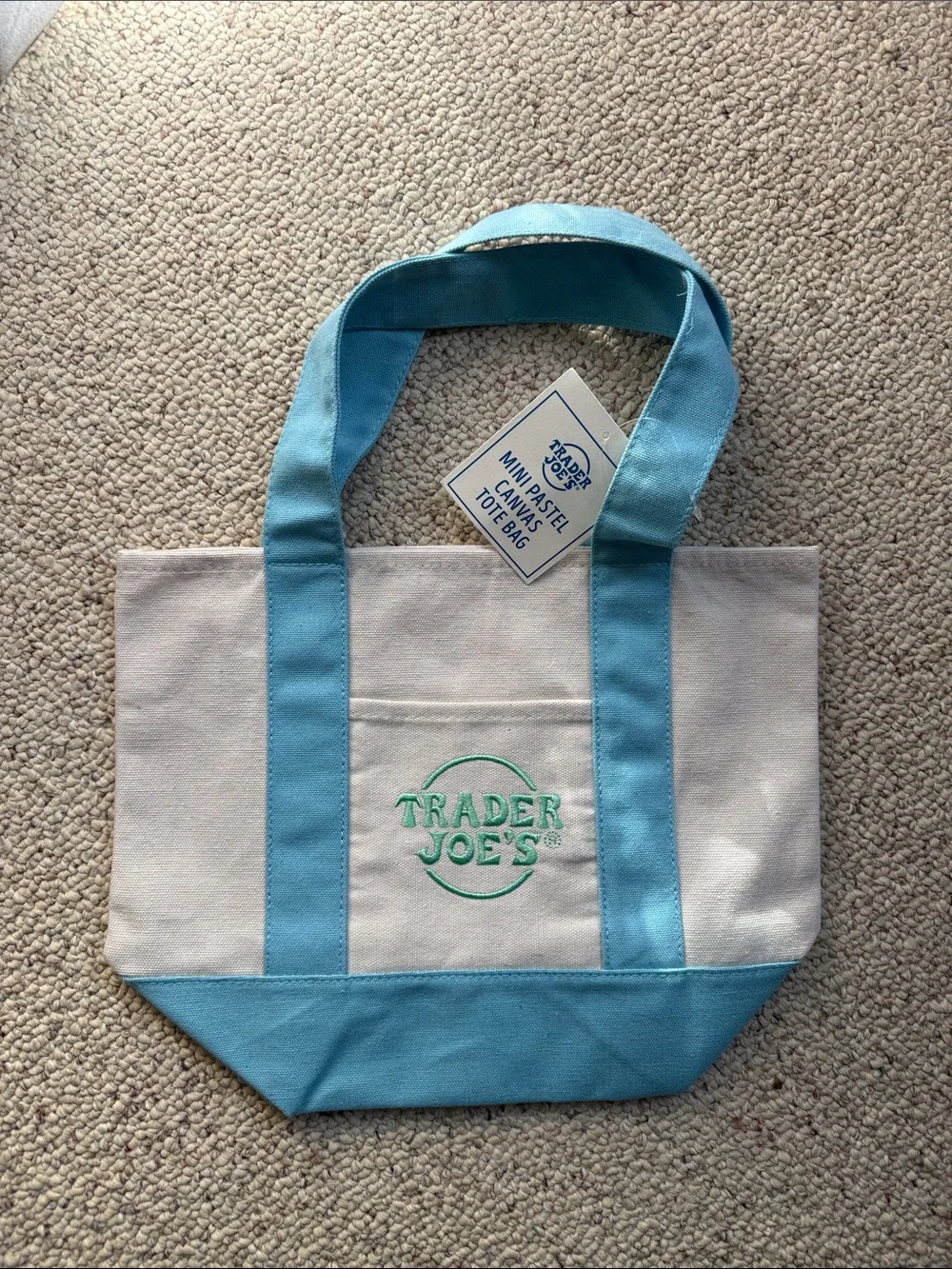 Trader Joe's Canvas Tote Bag in Light Blue and Cream